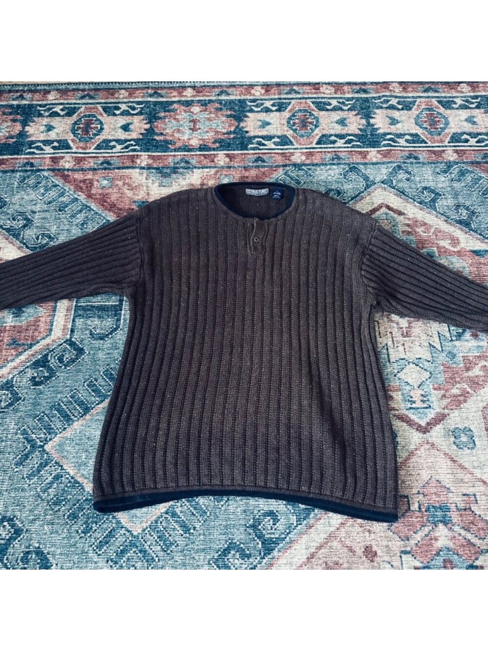 Vtg Structure Brown Fisherman Ribbed Henley Sweater M Button Neck Preppy Y2K 90s